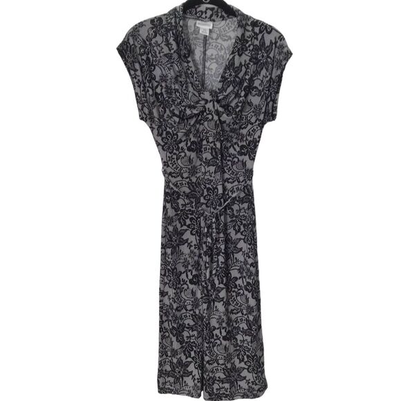 Motherhood Maternity Dress Size Small Black Grey Floral Short Cap Sleeves Midi - Picture 1 of 12